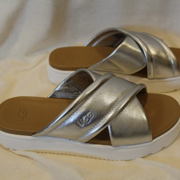 NIB UGG WOMEN'S ZAYNE LEATHER WEDGE SANDALS SILVER - Picture 3 of 7